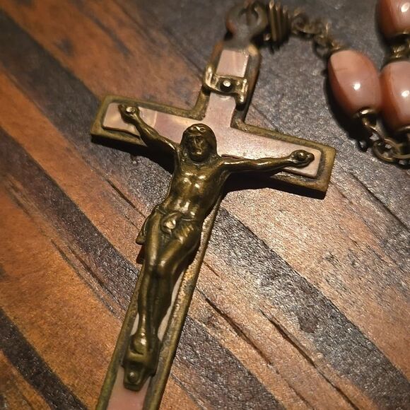 Vintage Pink Bronze Silver Tone Medals Color Rosary Necklace Faith Love Hope - Picture 15 of 16